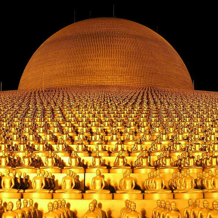 A golden stupa surrounded by many figures, evoking stillness, repetition and shared presence